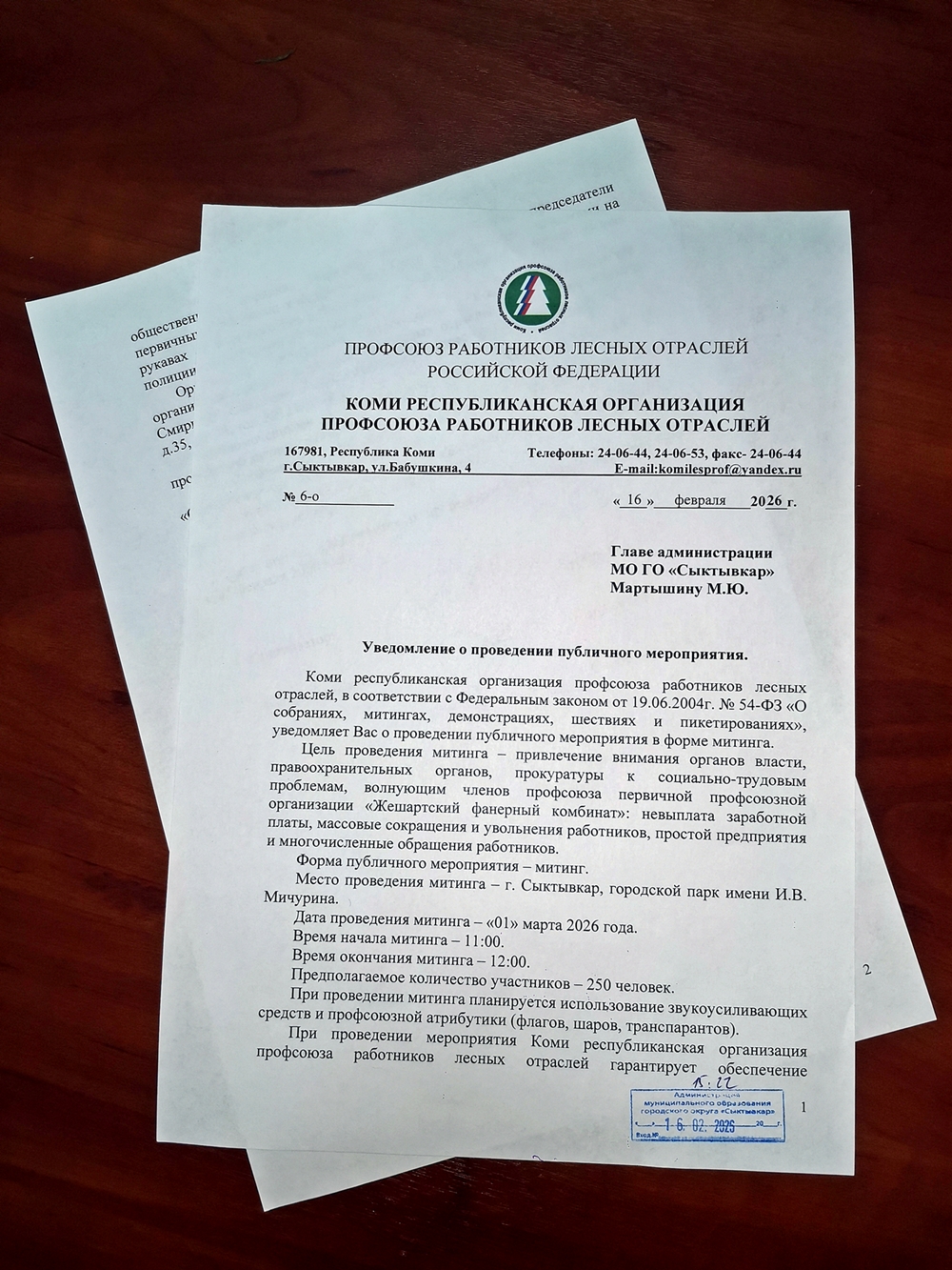 Коми республиканская организация Рослеспрофсоюза подала заявку на проведение митинга в поддержку работников Жешартского фанерного комбината